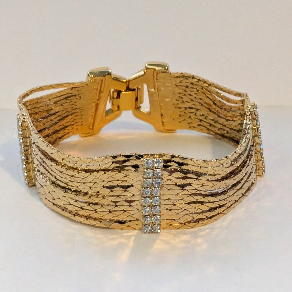 NOLAN MILLER Liquid Gold Tone Clear Rhinestone Glamour Statement Bracelet